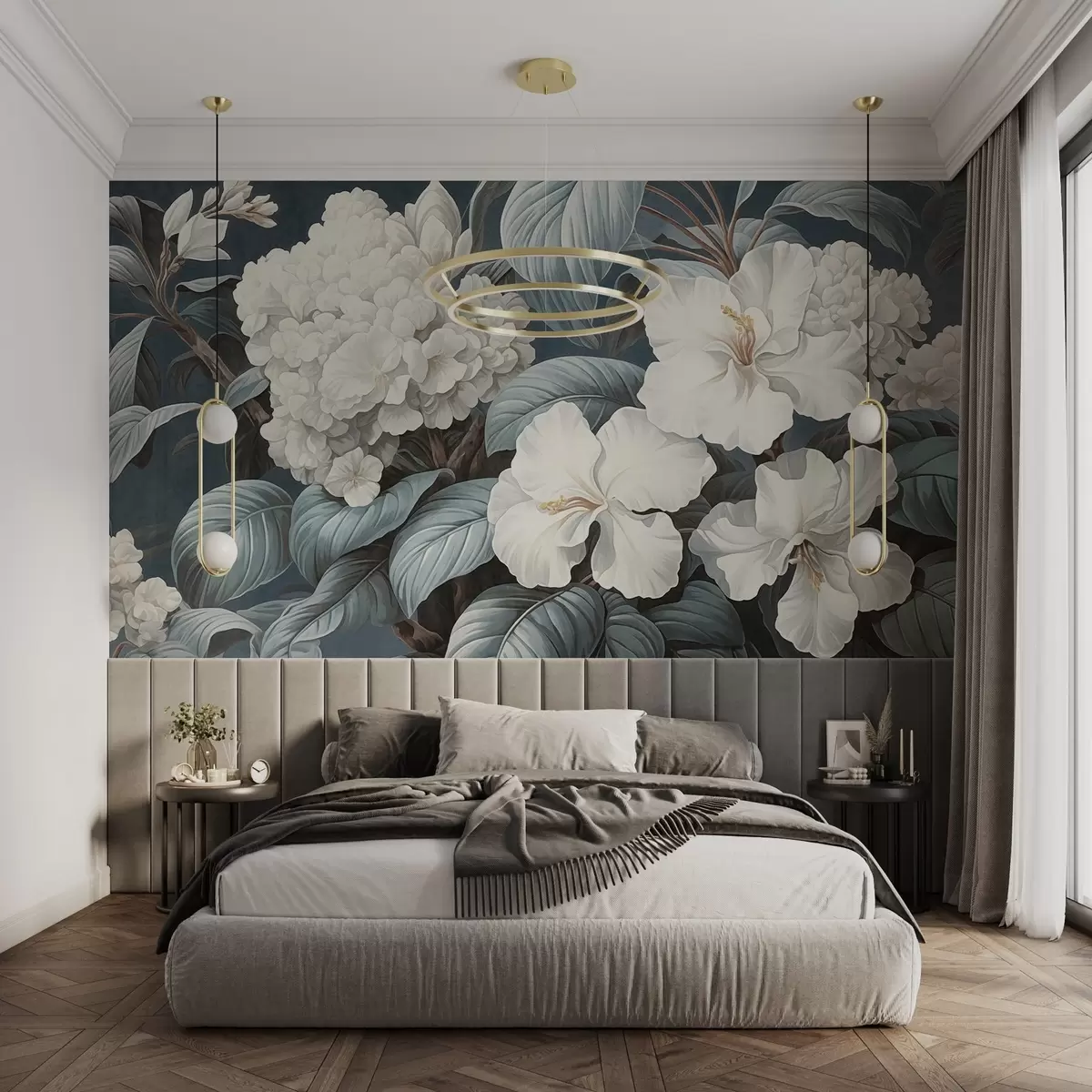 Papier peint Fleurs tropicales blanches avec des pétales et des feuilles délicates sur un fond bleu foncé, style vintage texturé, illustration botanique w09334