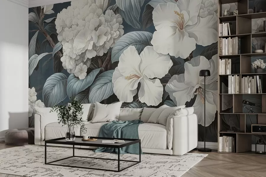 Papier peint Fleurs tropicales blanches avec des pétales et des feuilles délicates sur un fond bleu foncé, style vintage texturé, illustration botanique w09334
