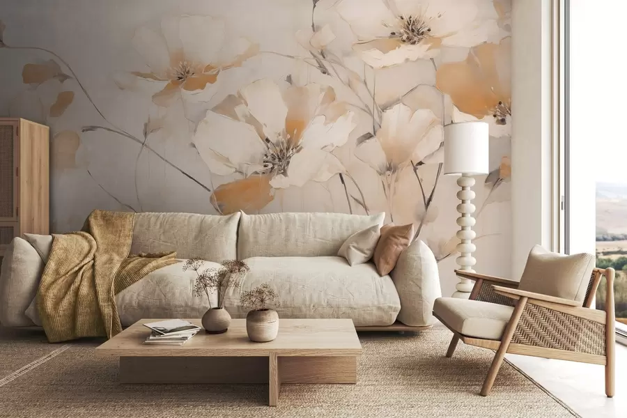 Papier peint Fleurs blanches et orange texturées avec de longues tiges, fond clair, couleurs douces, composition élégante, coups de pinceau délicats w09335