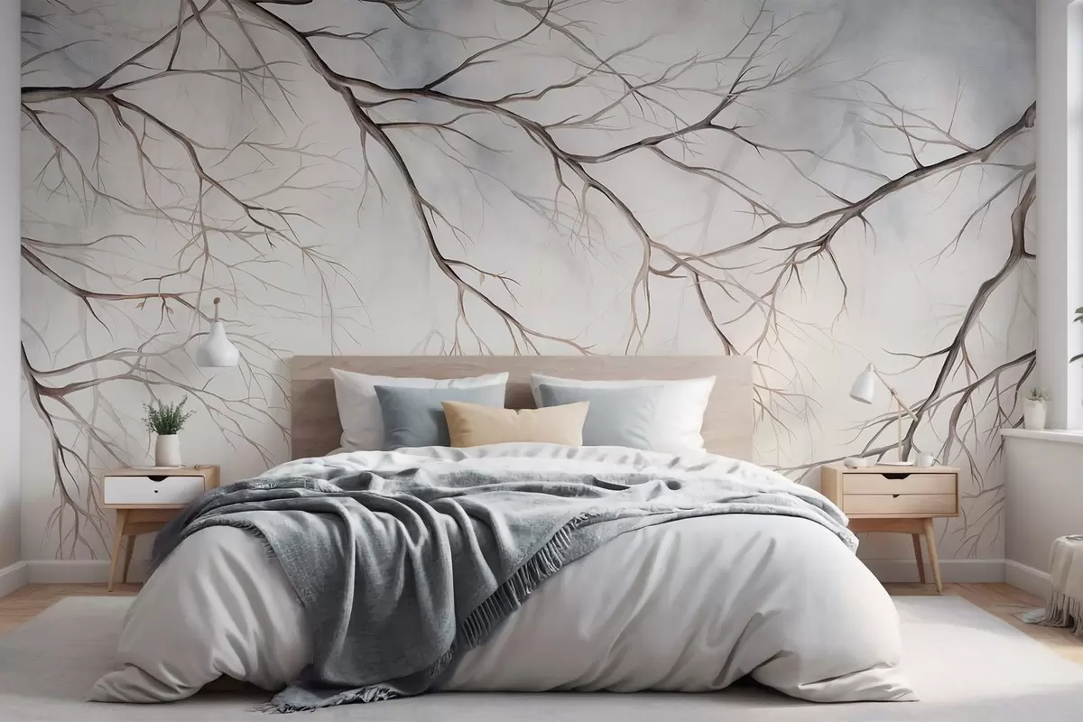 Papier peint Branches d'arbre avec un effet texturé d'aquarelle, détails complexes, palette de couleurs douces, sur un fond clair w09337