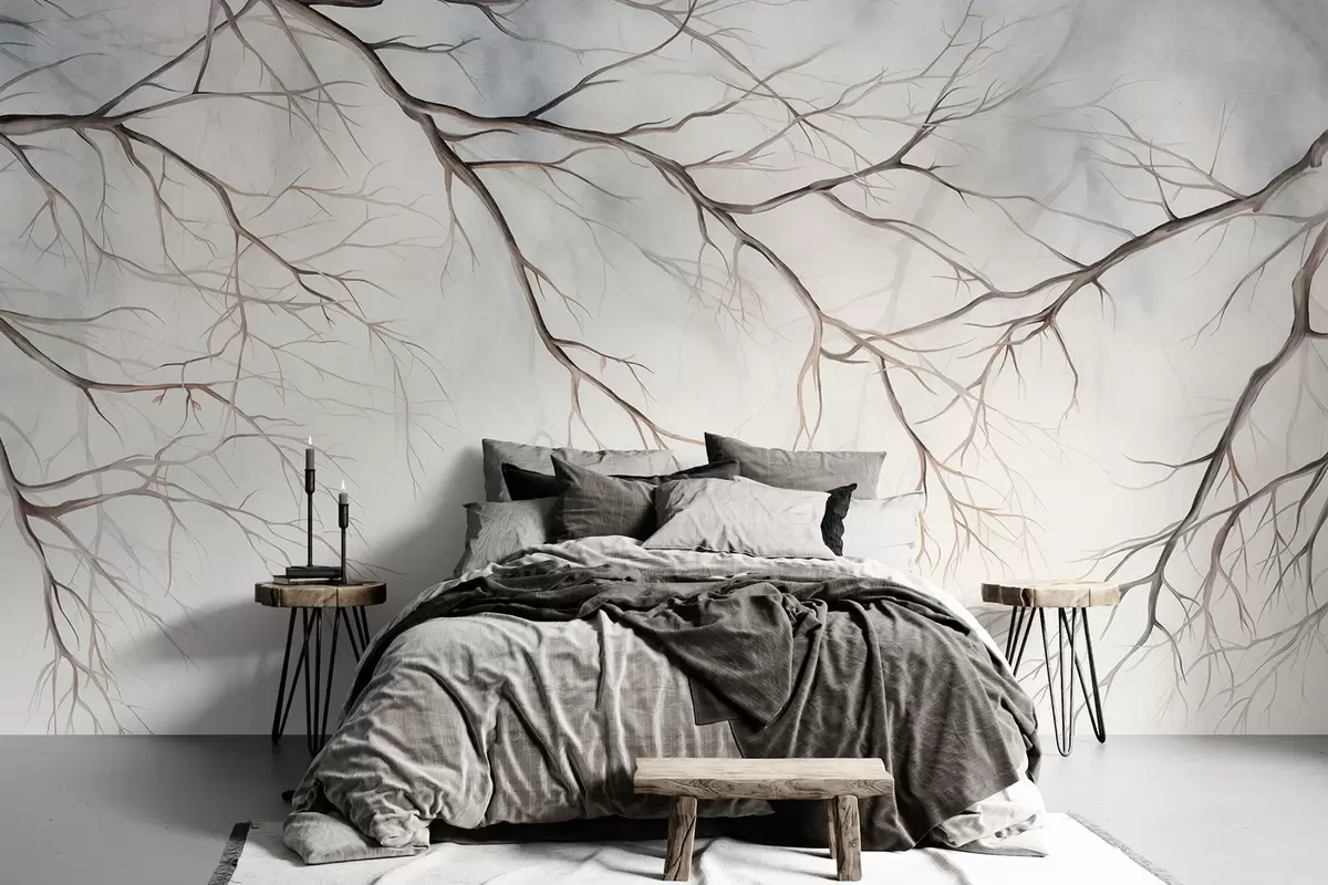 Papier peint Branches d'arbre avec un effet texturé d'aquarelle, détails complexes, palette de couleurs douces, sur un fond clair w09337