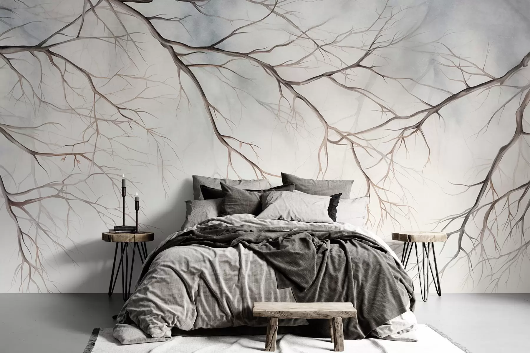Papier peint Branches d'arbre avec un effet texturé d'aquarelle, détails complexes, palette de couleurs douces, sur un fond clair w09337