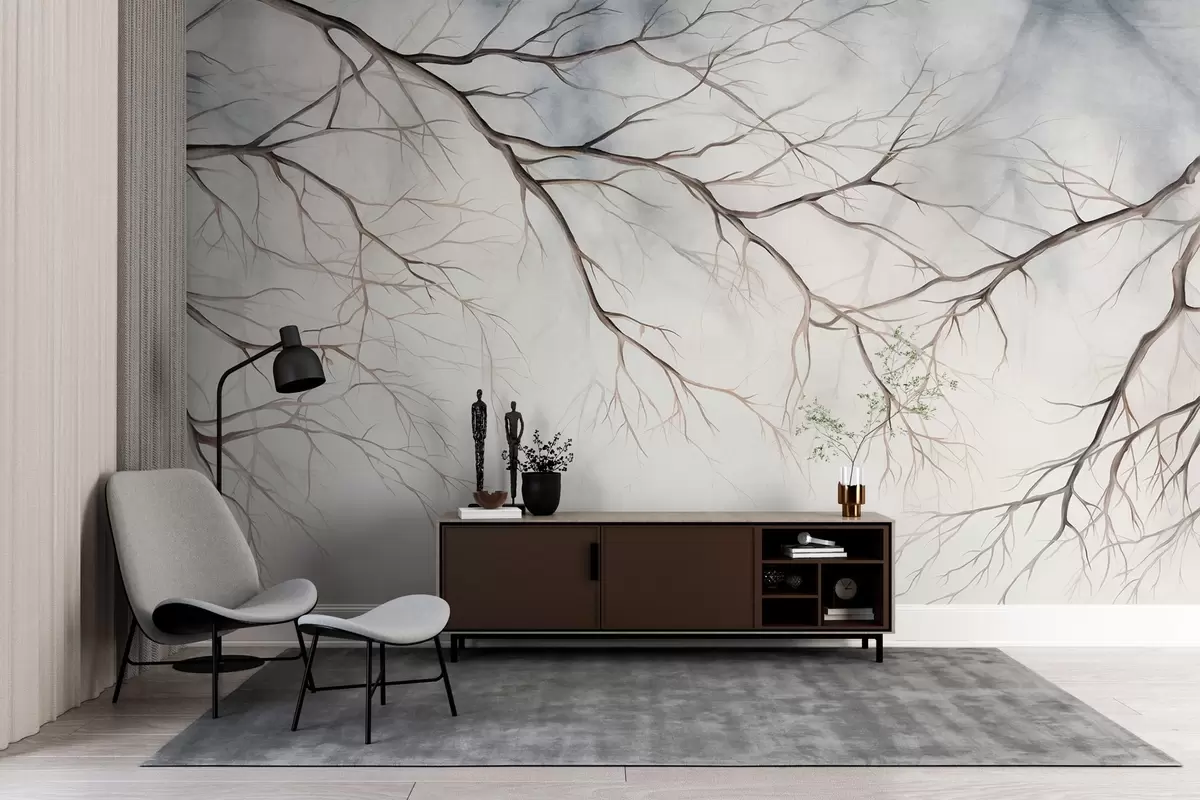 Papier peint Branches d'arbre avec un effet texturé d'aquarelle, détails complexes, palette de couleurs douces, sur un fond clair w09337