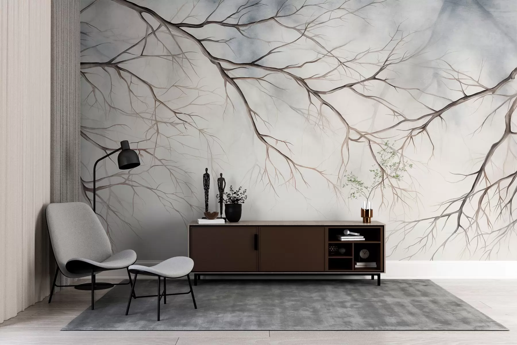 Papier peint Branches d'arbre avec un effet texturé d'aquarelle, détails complexes, palette de couleurs douces, sur un fond clair w09337