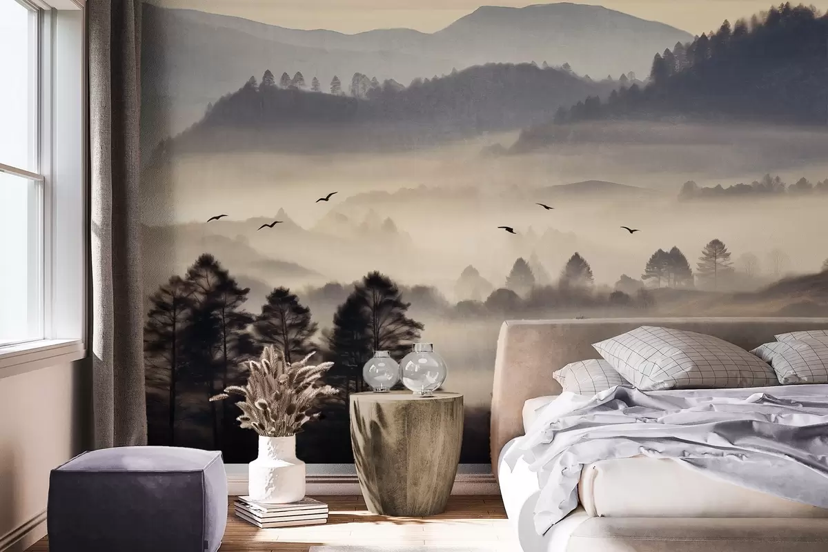 Papier peint Paysage de montagne texturé avec des couches de brouillard, arbres silhouettés au premier plan, chaîne de montagnes lointaine, éclairage doux w09338