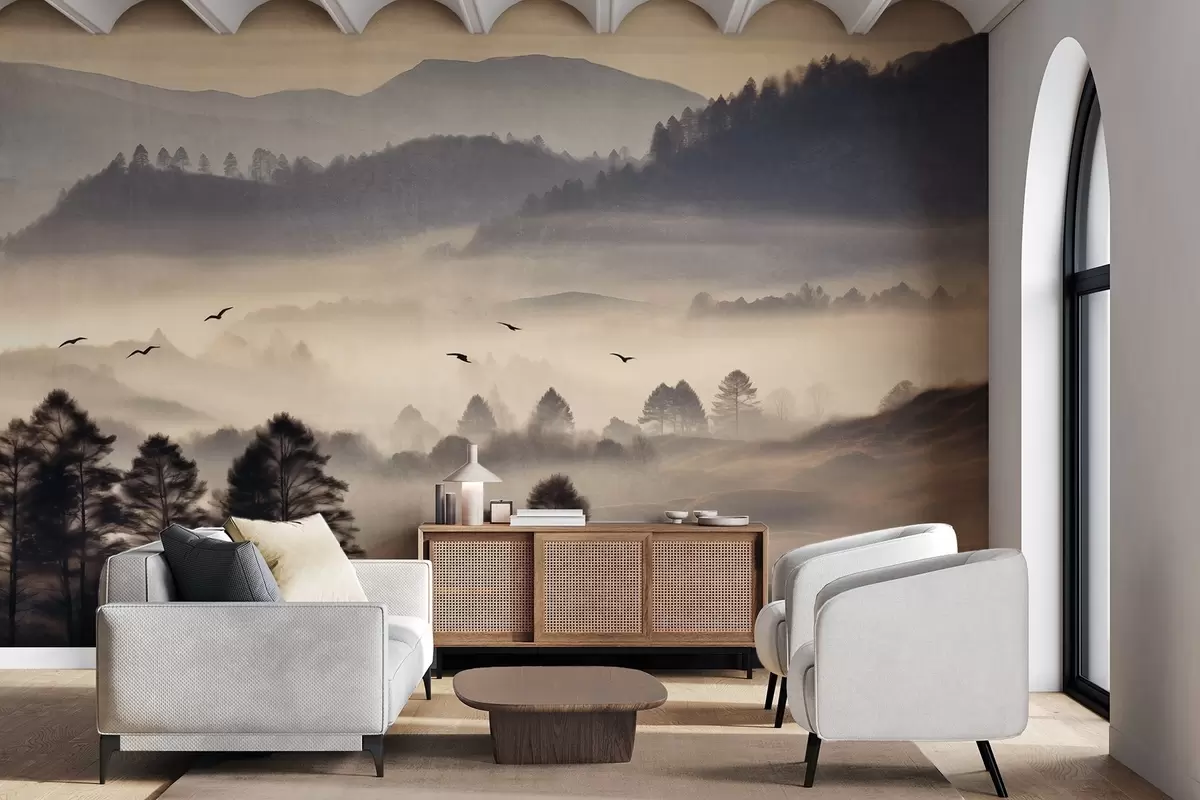 Papier peint Paysage de montagne texturé avec des couches de brouillard, arbres silhouettés au premier plan, chaîne de montagnes lointaine, éclairage doux w09338