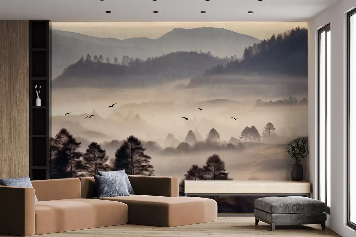 Papier peint Paysage de montagne texturé avec des couches de brouillard, arbres silhouettés au premier plan, chaîne de montagnes lointaine, éclairage doux w09338