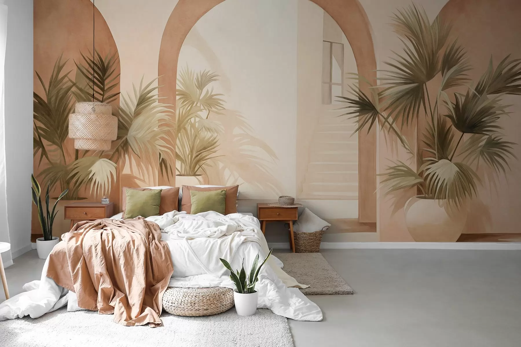 Papier peint Arches texturées avec plantes en pot, palette de couleurs beige clair, design minimaliste, escalier en arrière-plan w09339