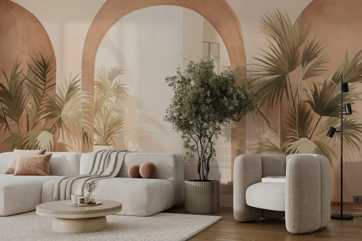 Papier peint Arches texturées avec plantes en pot, palette de couleurs beige clair, design minimaliste, escalier en arrière-plan w09339