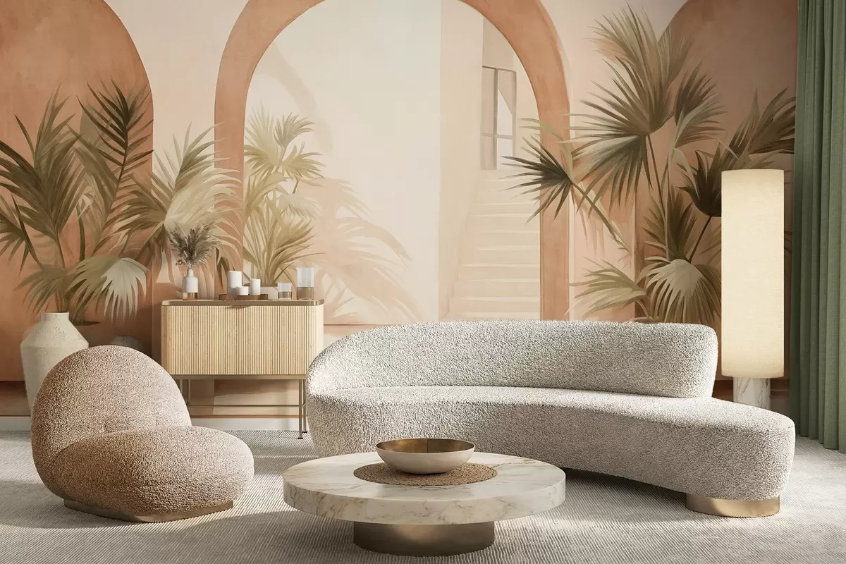 Papier peint Arches texturées avec plantes en pot, palette de couleurs beige clair, design minimaliste, escalier en arrière-plan w09339
