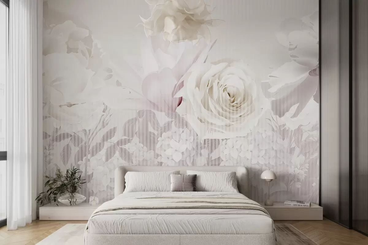 Papier peint Arrangement floral composé de roses, d'hortensias et de tulipes dans des tons doux et pastel de blanc, rose et beige, avec une texture rayée w09340