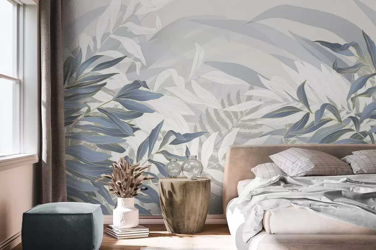 Papier peint Feuilles et herbe bleues et blanches, couleurs pastel douces, illustration botanique, design minimaliste, décoratif, moderne w09341