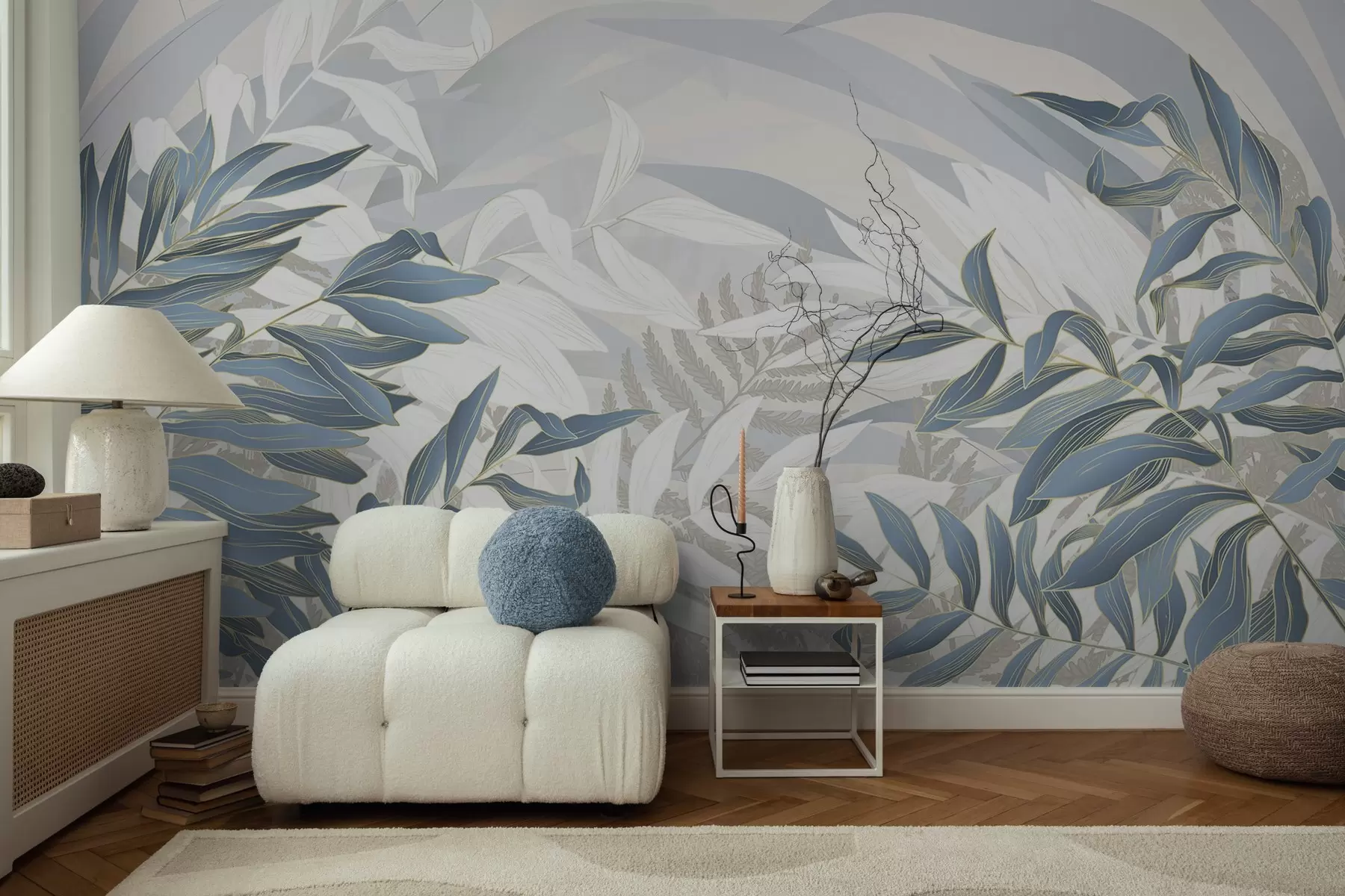 Papier peint Feuilles et herbe bleues et blanches, couleurs pastel douces, illustration botanique, design minimaliste, décoratif, moderne w09341