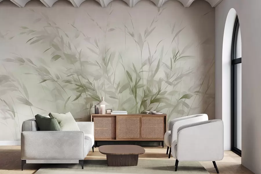 Papier peint Herbe et mauvaises herbes avec des feuilles et des tiges fines, couleurs vertes et brunes, coups de pinceau doux et délicats, impression minimaliste w09342