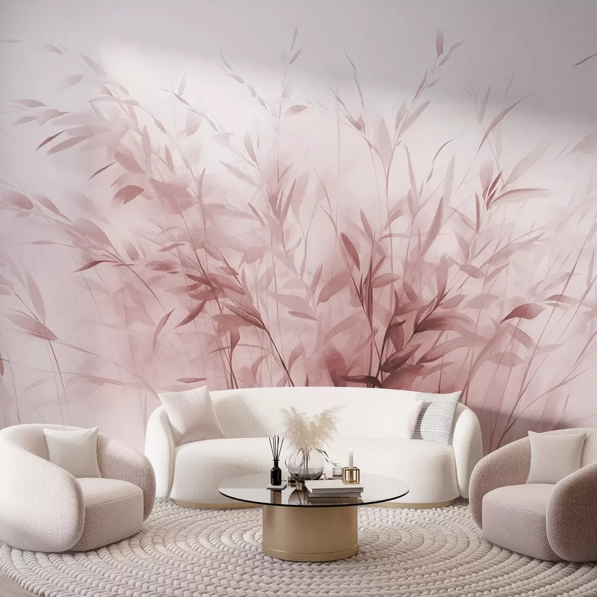Papier peint Herbe et mauvaises herbes avec des feuilles et des tiges fines, couleurs roses claires, coups de pinceau doux et délicats, impression minimaliste w09342v2