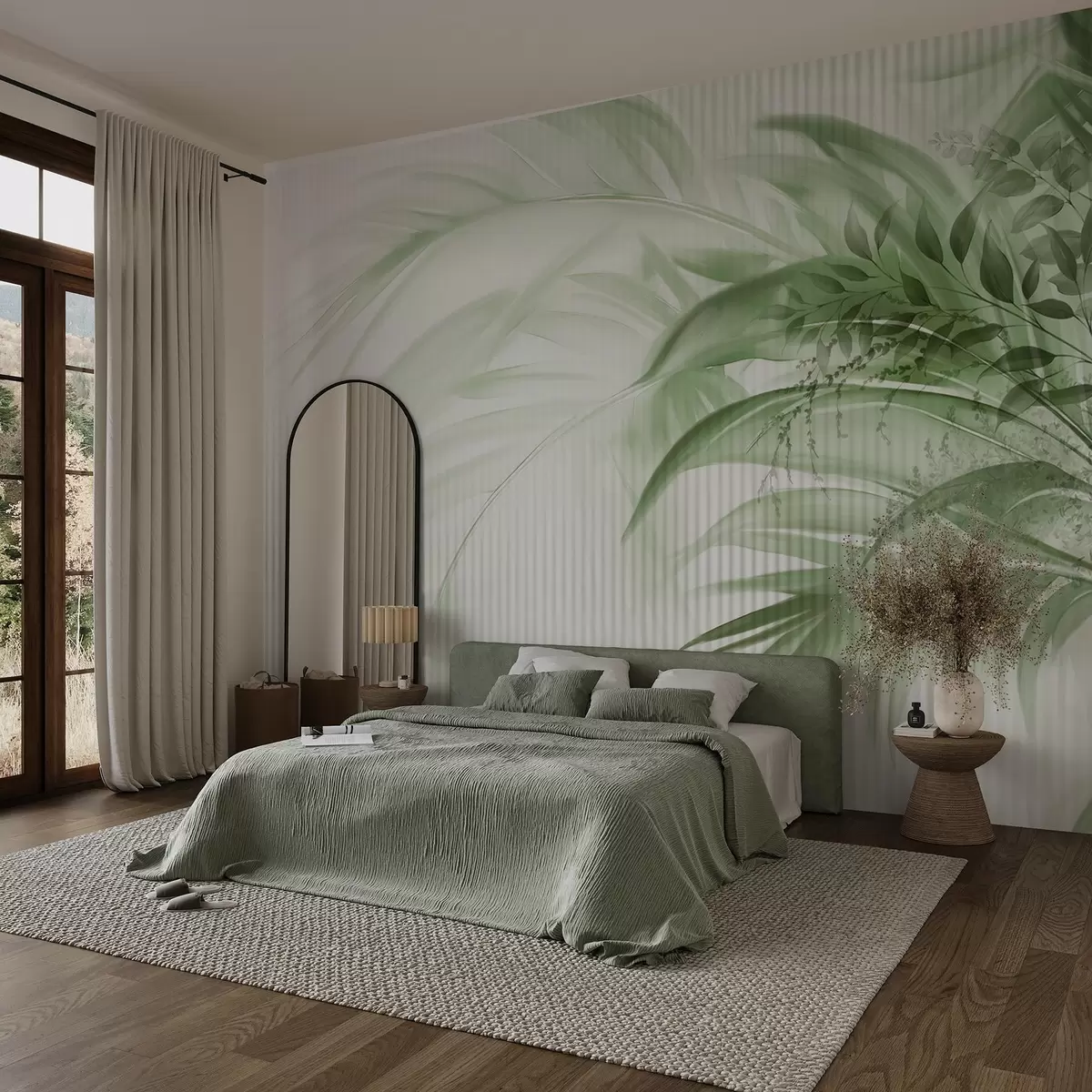 Papier peint Feuilles vertes de palmiers tropicaux sur fond blanc rayé, éclairage doux, coups de pinceau délicats, formes organiques w09343