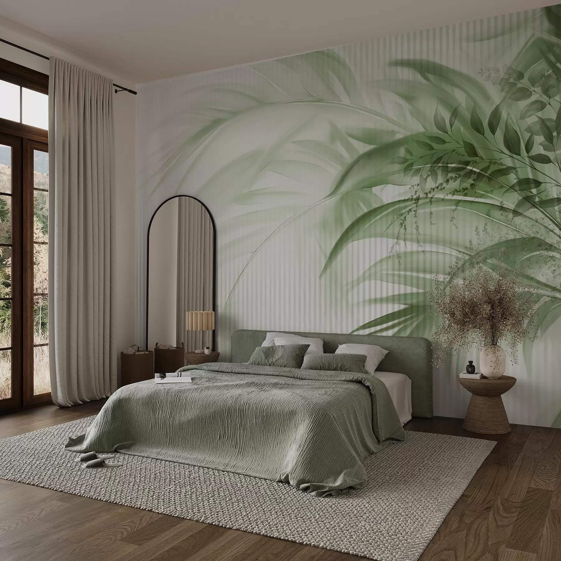 Papier peint Feuilles vertes de palmiers tropicaux sur fond blanc rayé, éclairage doux, coups de pinceau délicats, formes organiques w09343