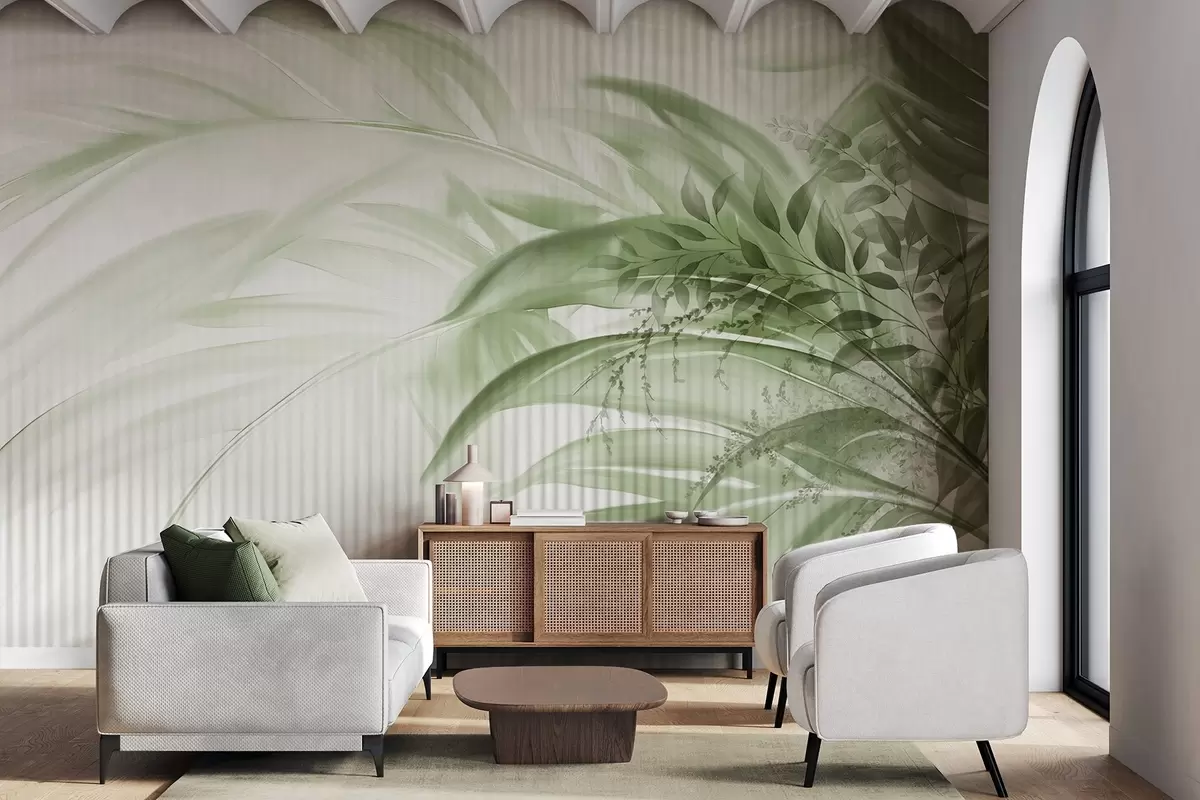 Papier peint Feuilles vertes de palmiers tropicaux sur fond blanc rayé, éclairage doux, coups de pinceau délicats, formes organiques w09343