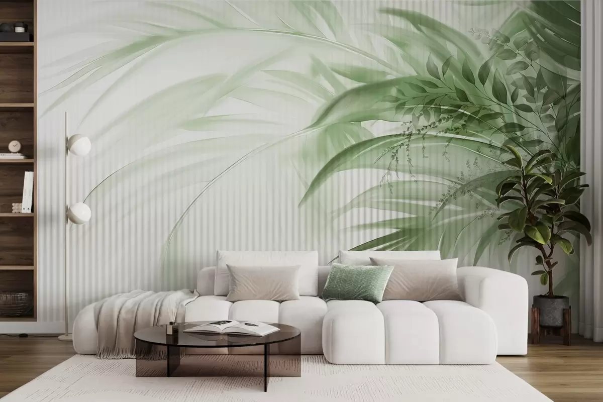 Papier peint Feuilles vertes de palmiers tropicaux sur fond blanc rayé, éclairage doux, coups de pinceau délicats, formes organiques w09343