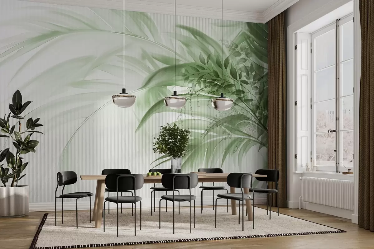 Papier peint Feuilles vertes de palmiers tropicaux sur fond blanc rayé, éclairage doux, coups de pinceau délicats, formes organiques w09343