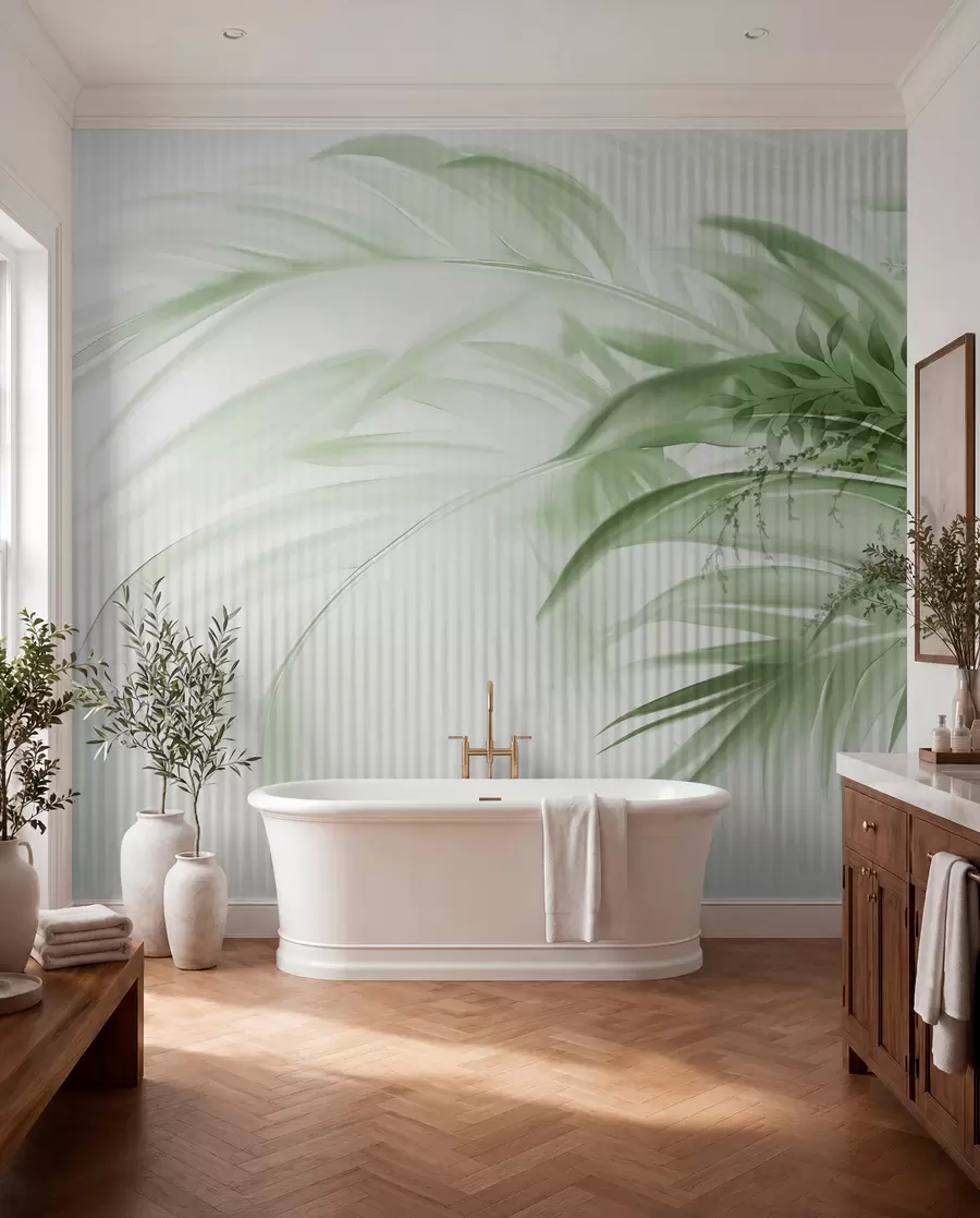 Papier peint Feuilles vertes de palmiers tropicaux sur fond blanc rayé, éclairage doux, coups de pinceau délicats, formes organiques w09343