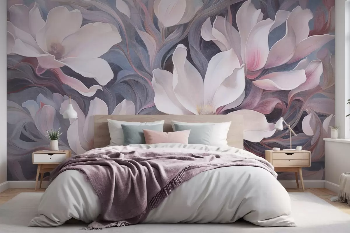 Papier peint Peinture texturée de fleurs de magnolia blanches avec des accents roses, sur un fond de tons bleus et gris sourds et tourbillonnants w09344