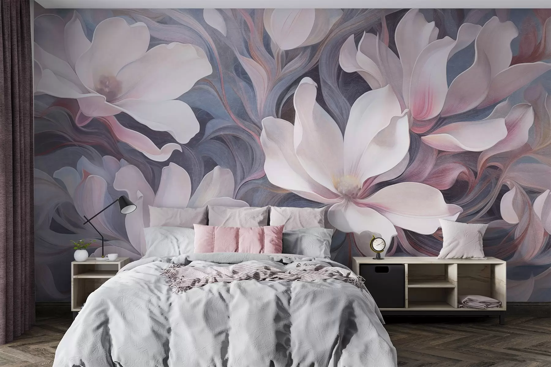 Papier peint Peinture texturée de fleurs de magnolia blanches avec des accents roses, sur un fond de tons bleus et gris sourds et tourbillonnants w09344