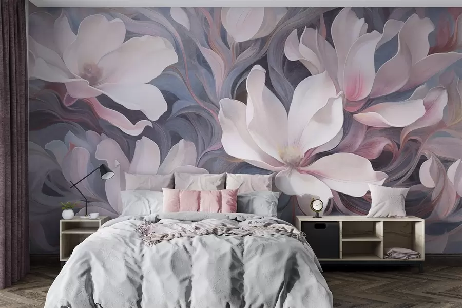 Papier peint Peinture texturée de fleurs de magnolia blanches avec des accents roses, sur un fond de tons bleus et gris sourds et tourbillonnants w09344