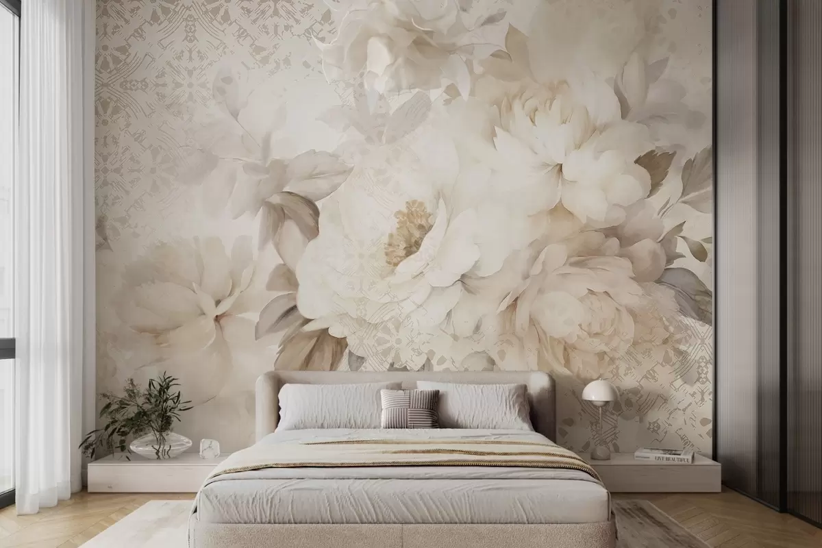 Papier peint Arrangement floral de pivoines blanches avec des feuilles beiges, sur un fond décoratif à la texture vintage w09345