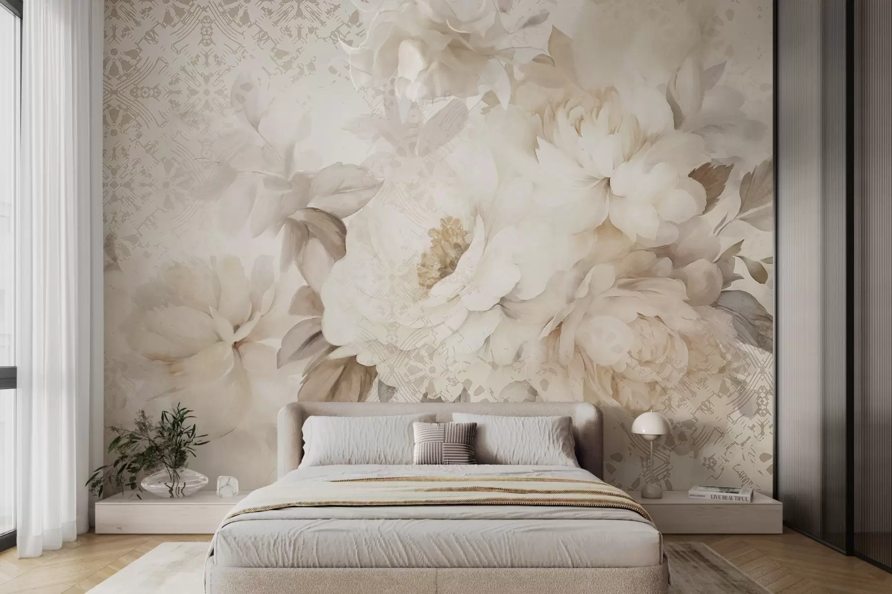 Papier peint Arrangement floral de pivoines blanches avec des feuilles beiges, sur un fond décoratif à la texture vintage w09345