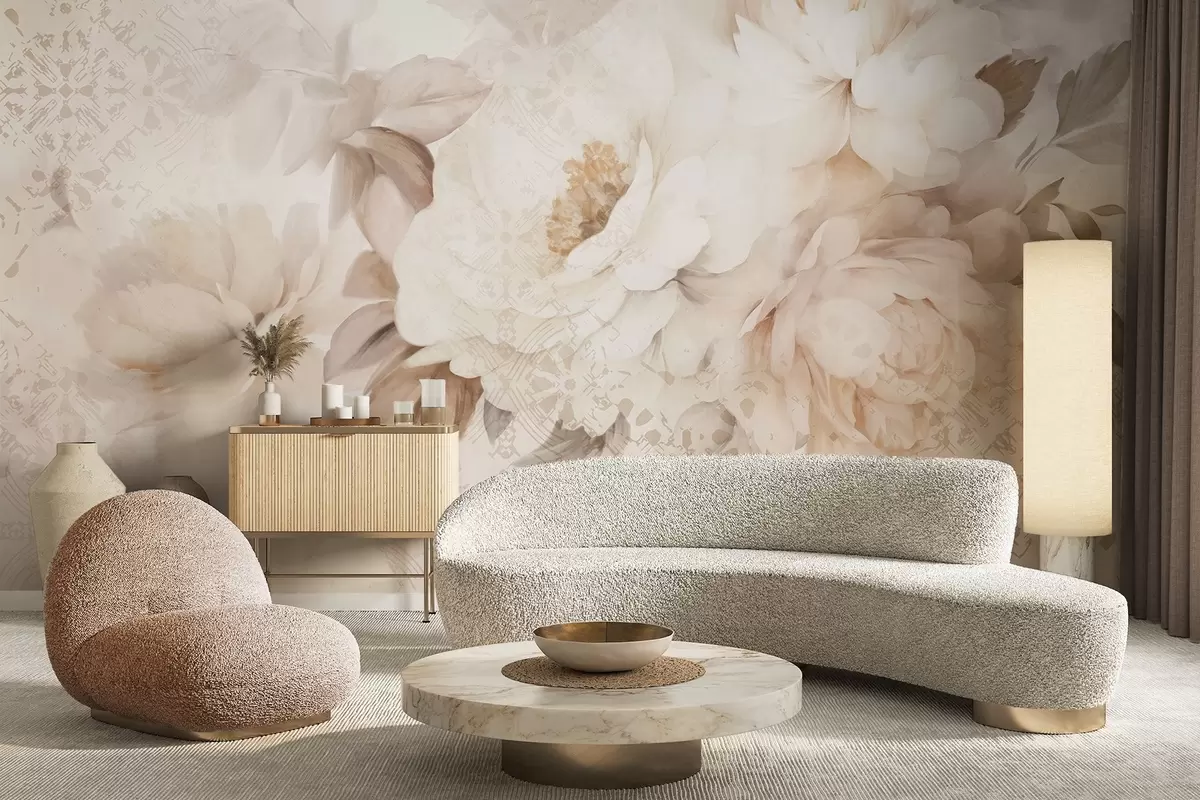 Papier peint Arrangement floral de pivoines blanches avec des feuilles beiges, sur un fond décoratif à la texture vintage w09345