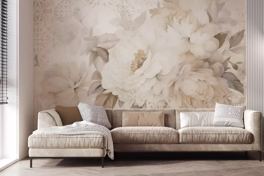 Papier peint Arrangement floral de pivoines blanches avec des feuilles beiges, sur un fond décoratif à la texture vintage w09345