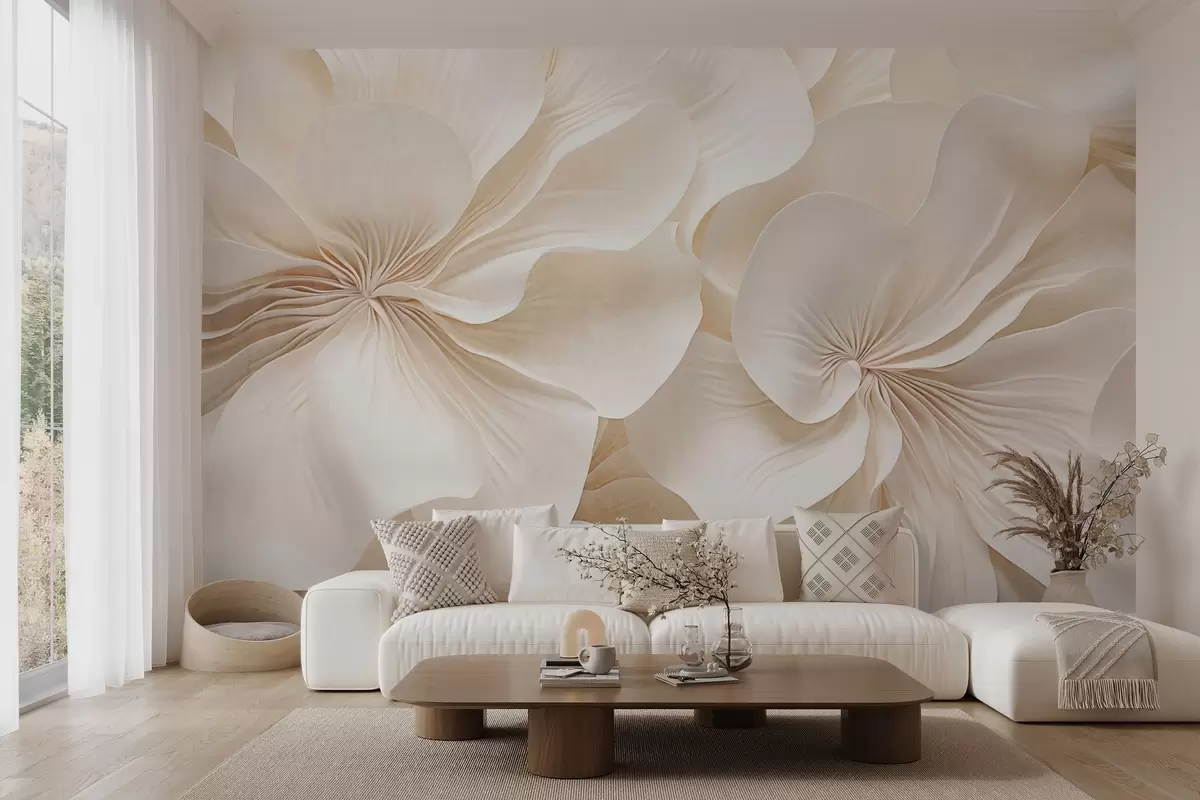 Papier peint Gros plan sur des fleurs à la texture crémeuse et aux pétales délicats et fluides, créant une composition florale douce, élégante et texturée w09346