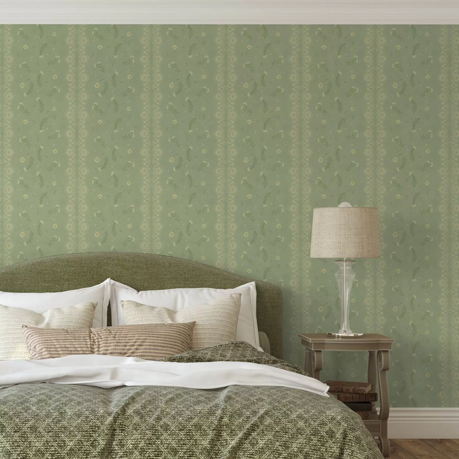 Papier peint Fond vert avec marguerites et bordure en dentelle a00291