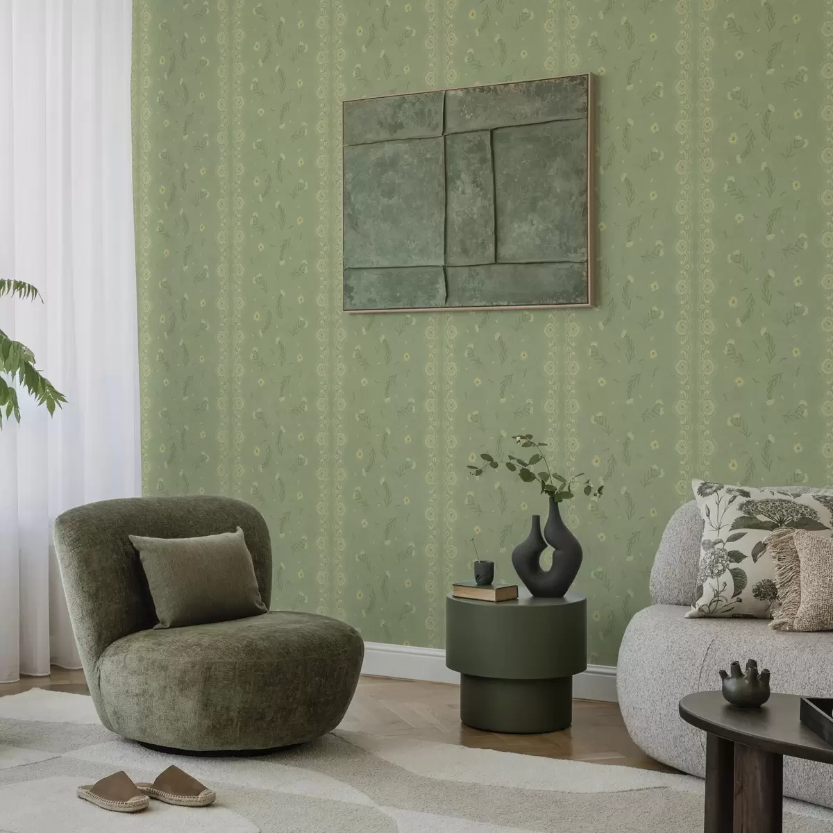 Papier peint Fond vert avec marguerites et bordure en dentelle a00291