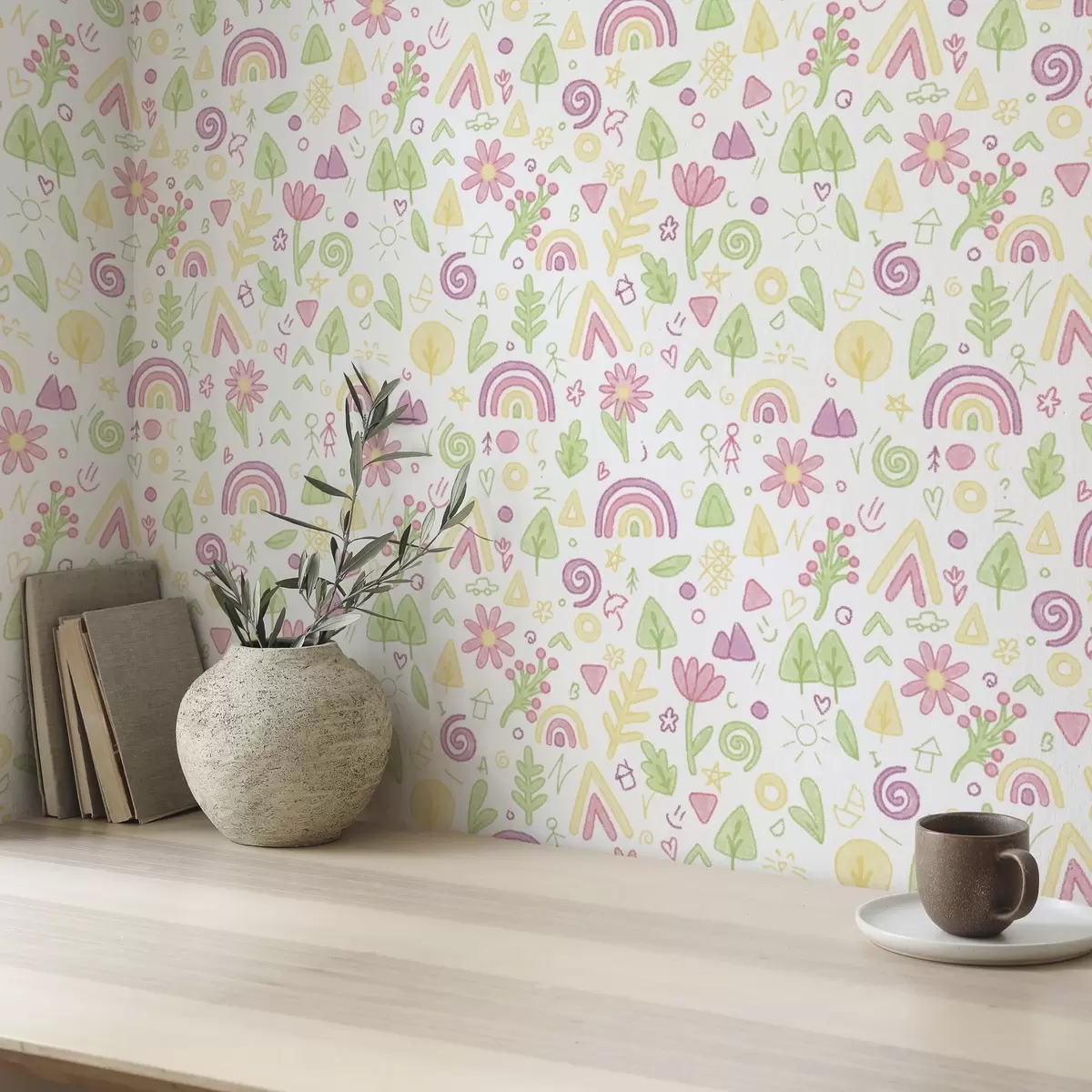 Papier peint Dessin d'enfant avec arc-en-ciel, fleurs et arbres a00296