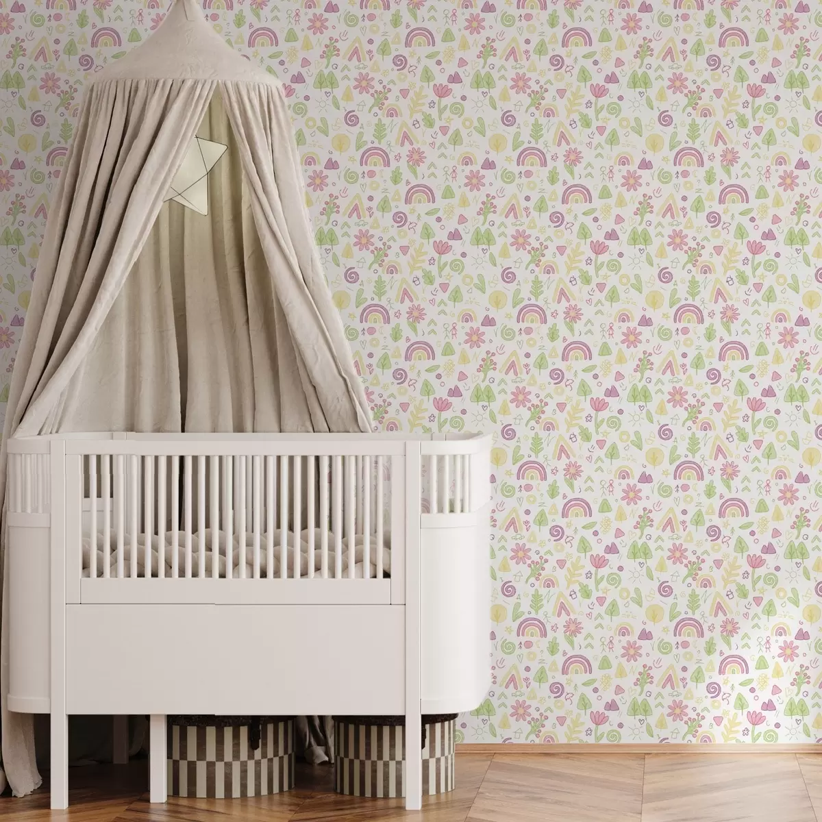 Papier peint Dessin d'enfant avec arc-en-ciel, fleurs et arbres a00296