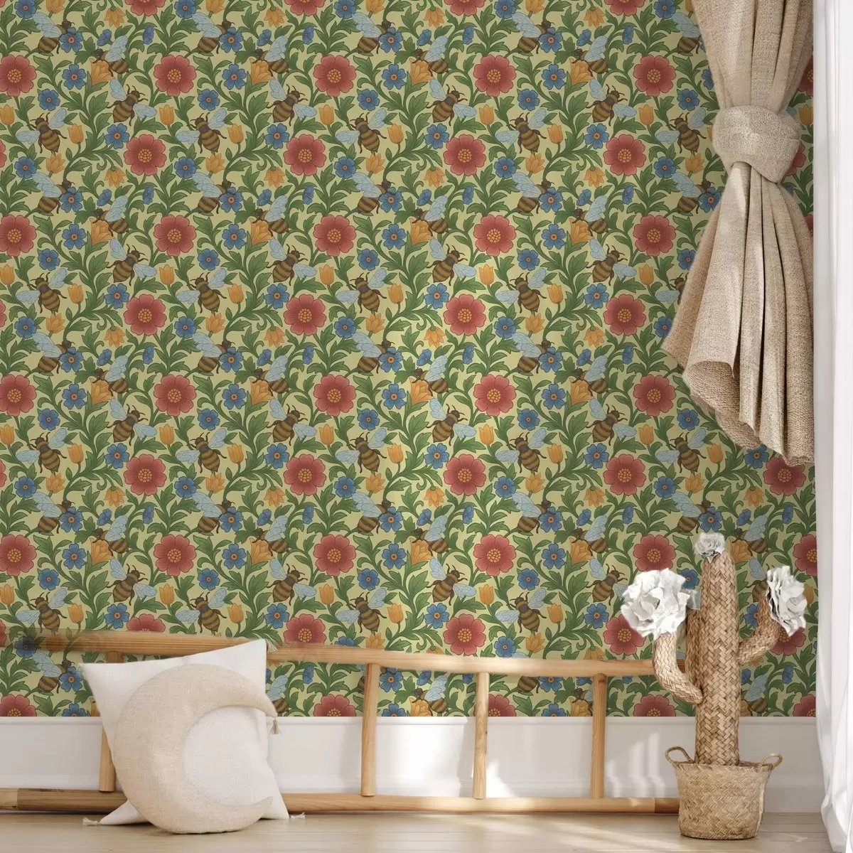 Papier peint Fleurs brillantes avec de grandes abeilles a00315