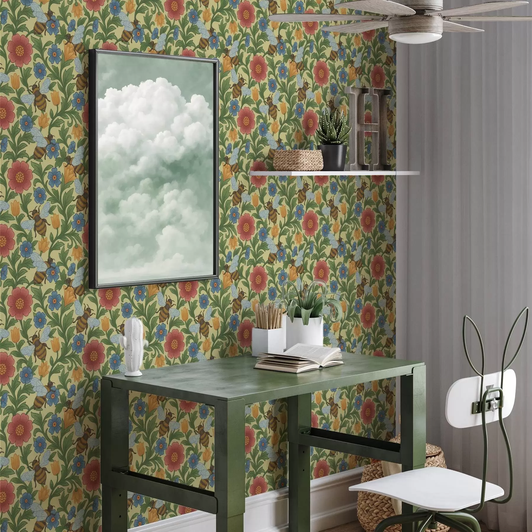Papier peint Fleurs brillantes avec de grandes abeilles a00315