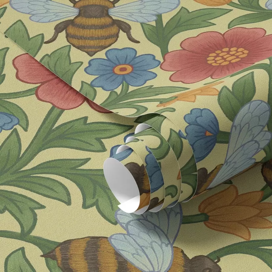 Papier peint Fleurs brillantes avec de grandes abeilles a00315