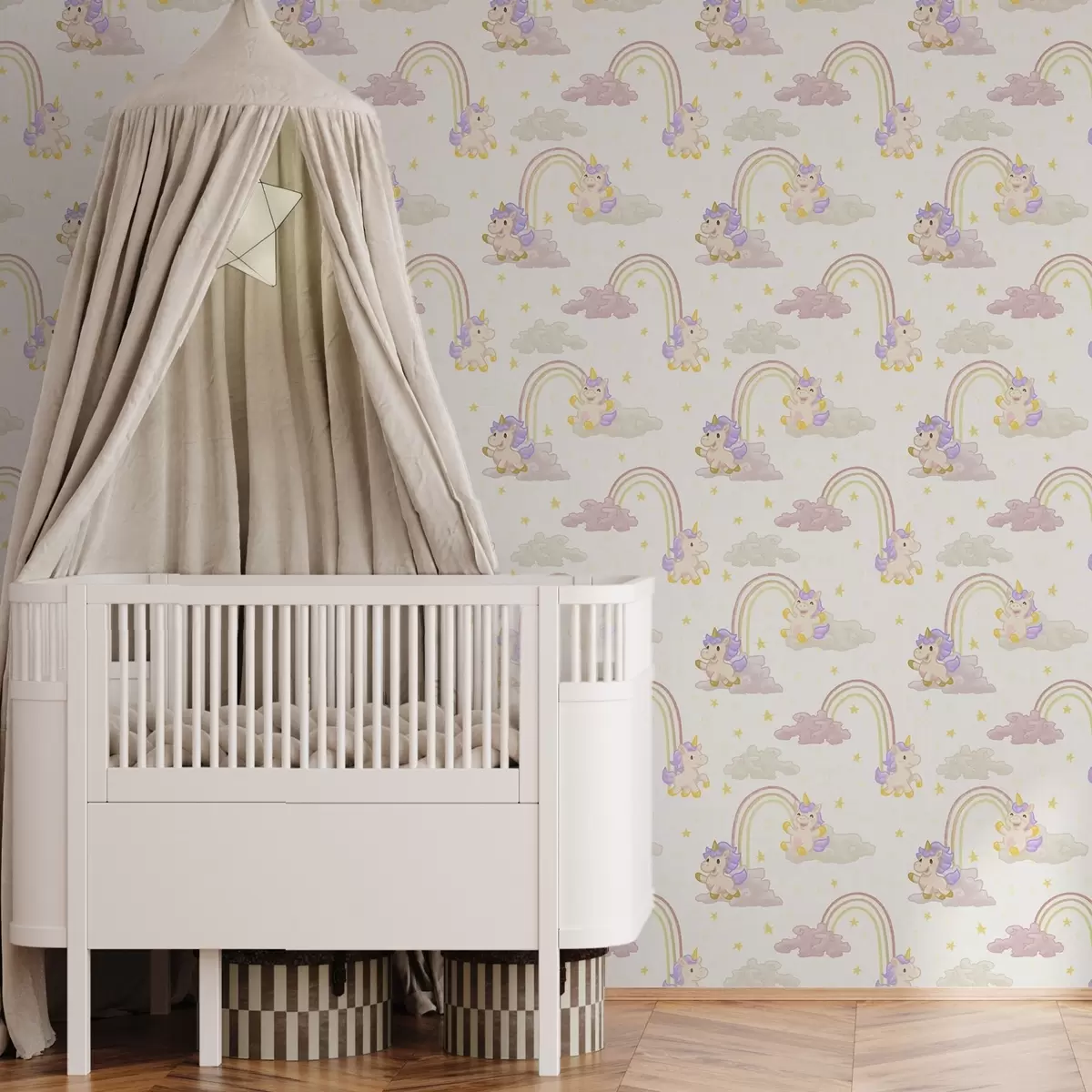 Papier peint Mignonne licorne avec arc-en-ciel et étoiles a00339