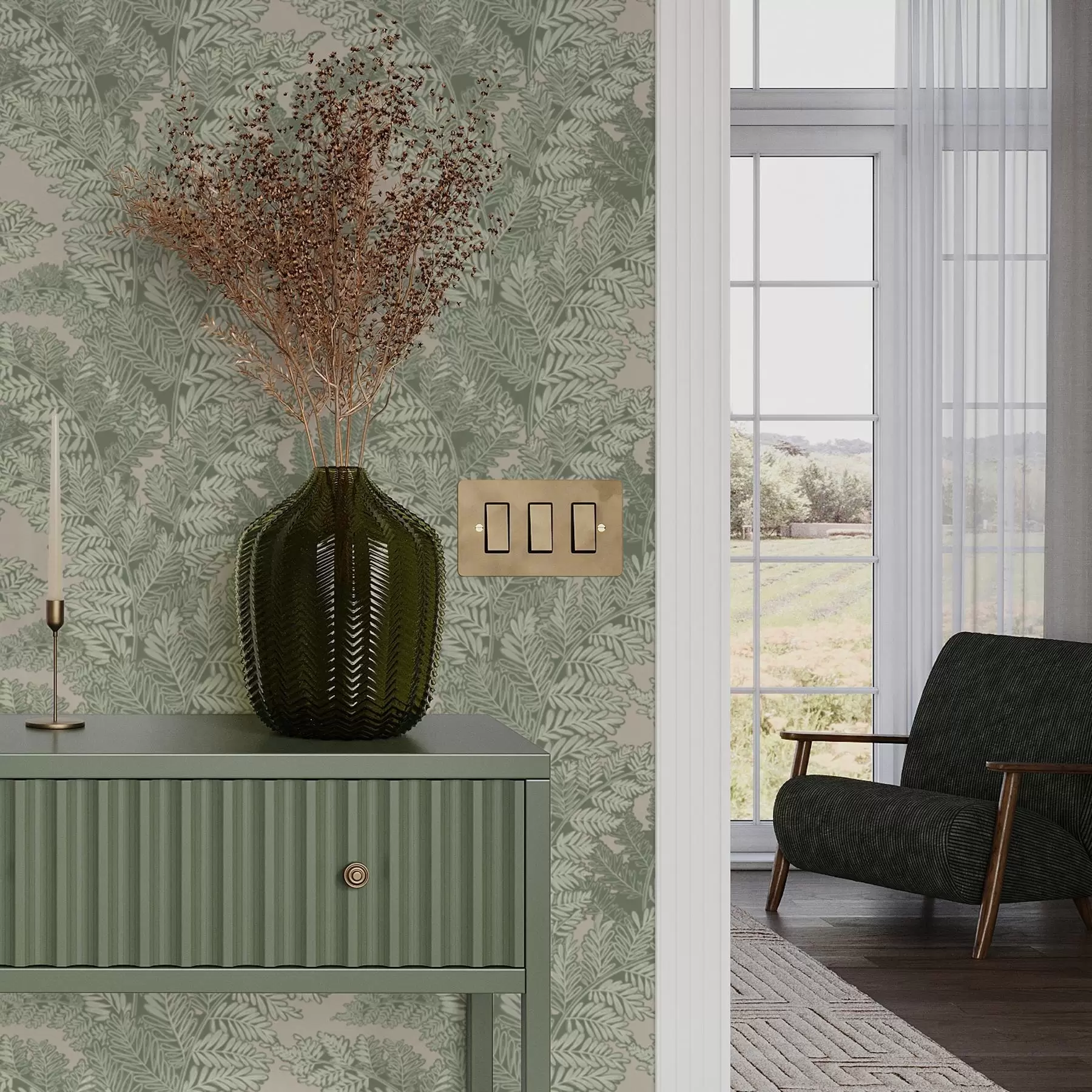 Papier peint Motif vert avec des feuilles de fougère a00345