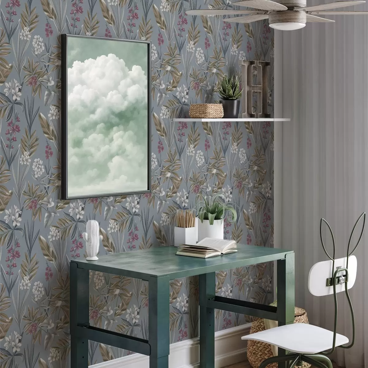 Papier peint Branches florales sur fond bleu-gris a00350