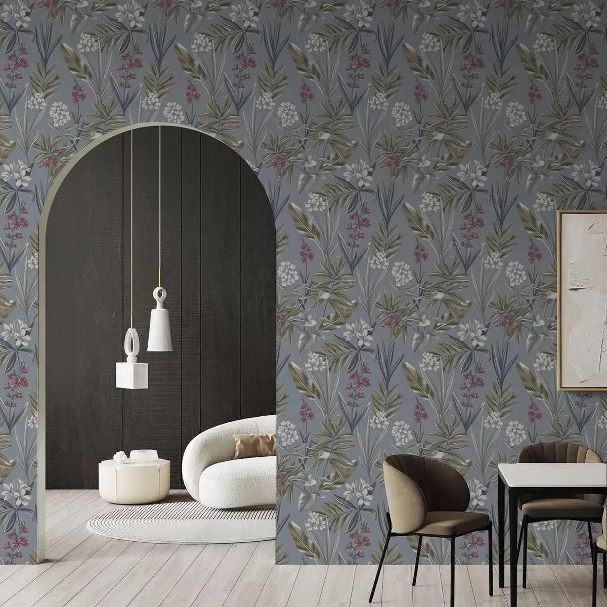 Papier peint Branches florales sur fond bleu-gris a00350