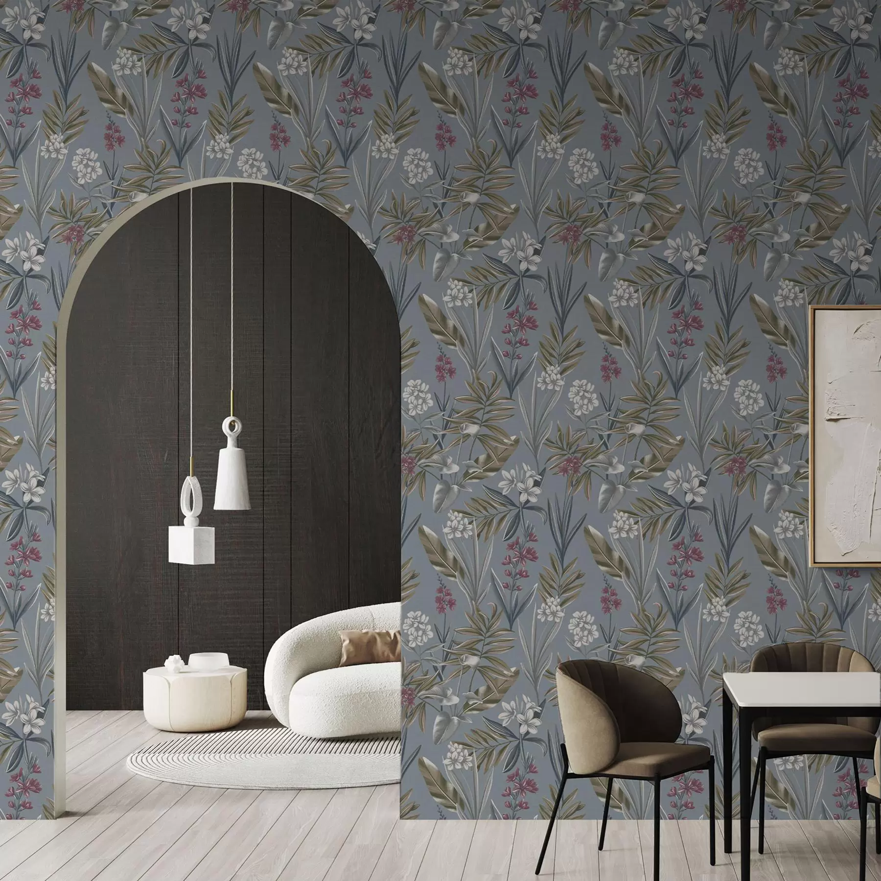Papier peint Branches florales sur fond bleu-gris a00350
