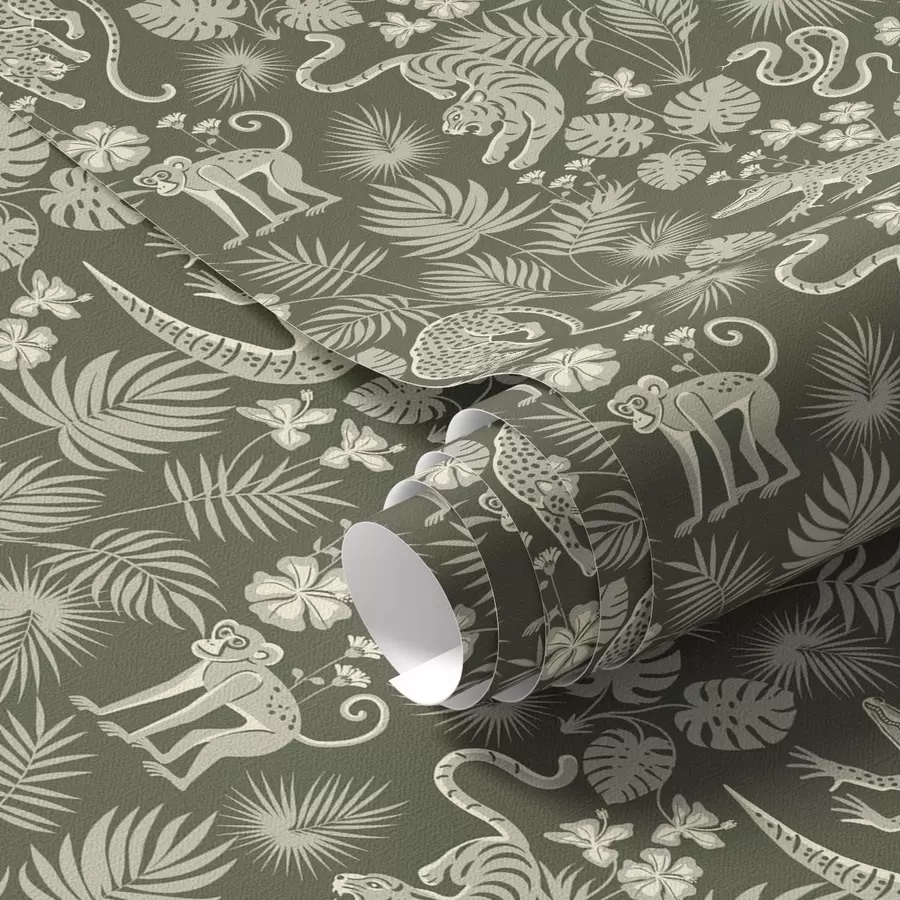 Papier peint Silhouettes d'animaux sauvages parmi des feuilles tropicales a00404