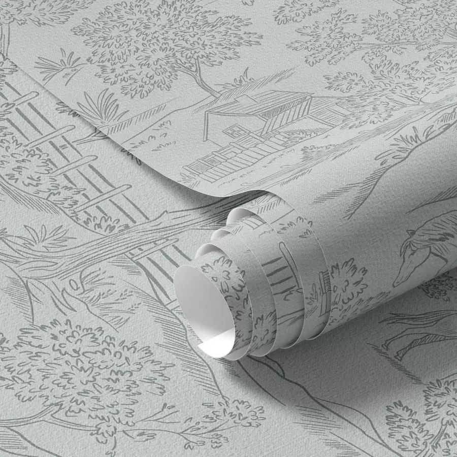 Papier peint Paysage monochrome vert avec chevaux et chalets a00407