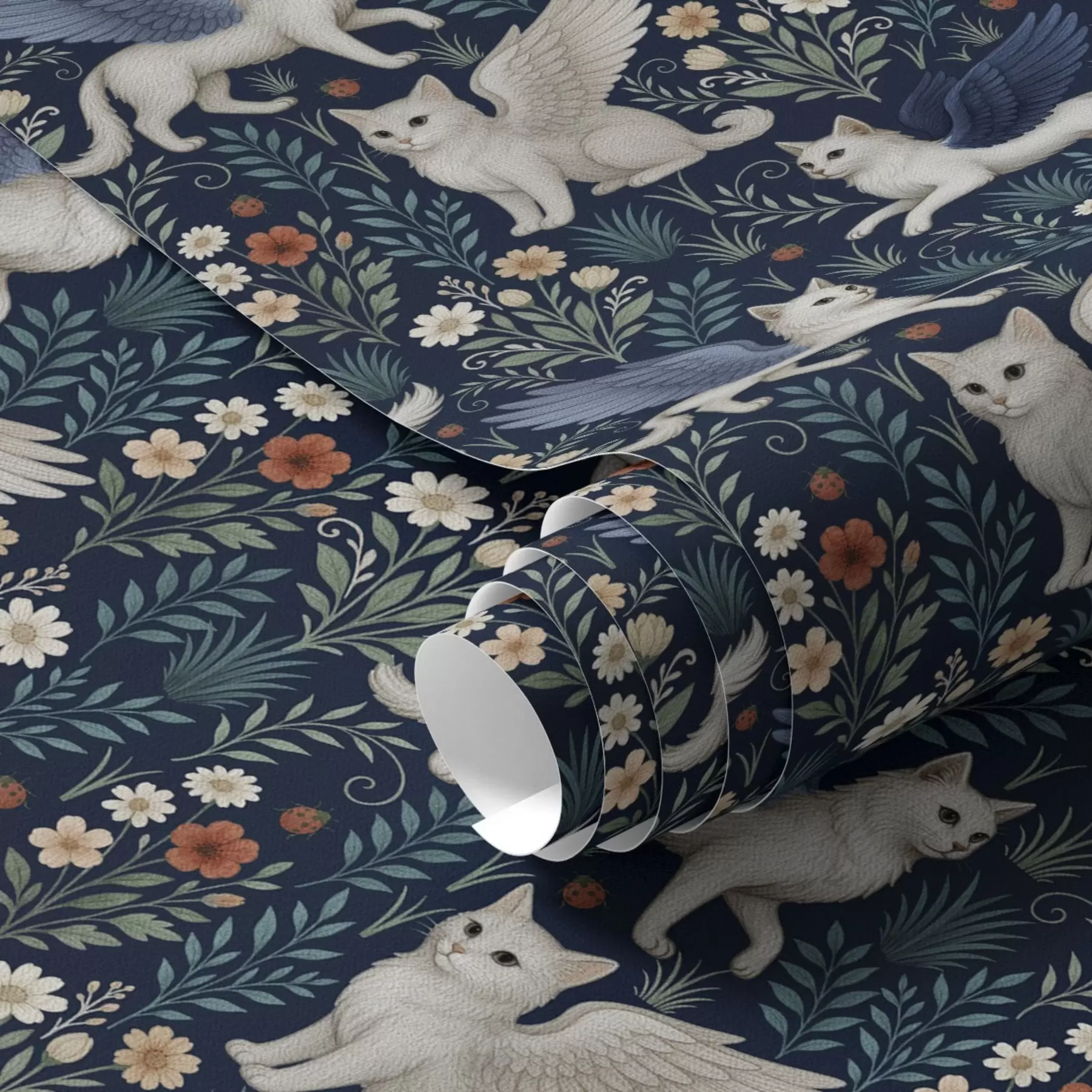 Papier peint Chats fantastiques avec des ailes parmi les fleurs a00408