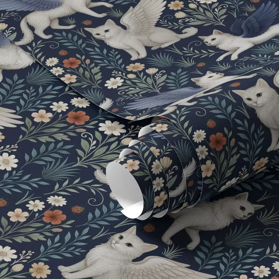 Papier peint Chats fantastiques avec des ailes parmi les fleurs a00408