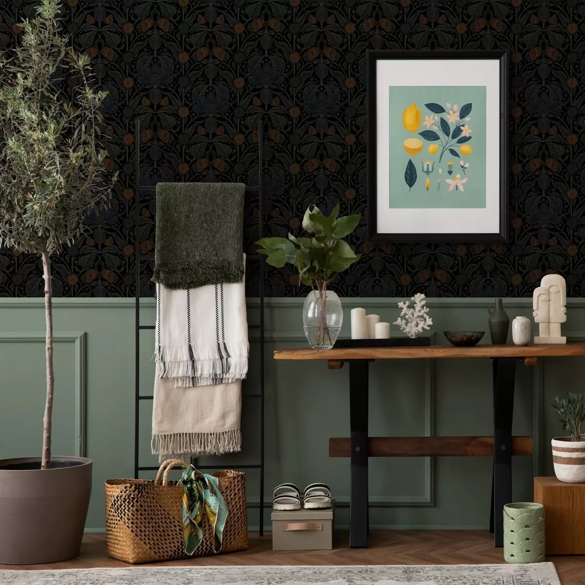 Papier peint Ornement floral foncé avec des accents orange a00411